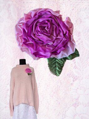 Handmade Pink French-Ribbon Rose Brooch Fairycore Romance